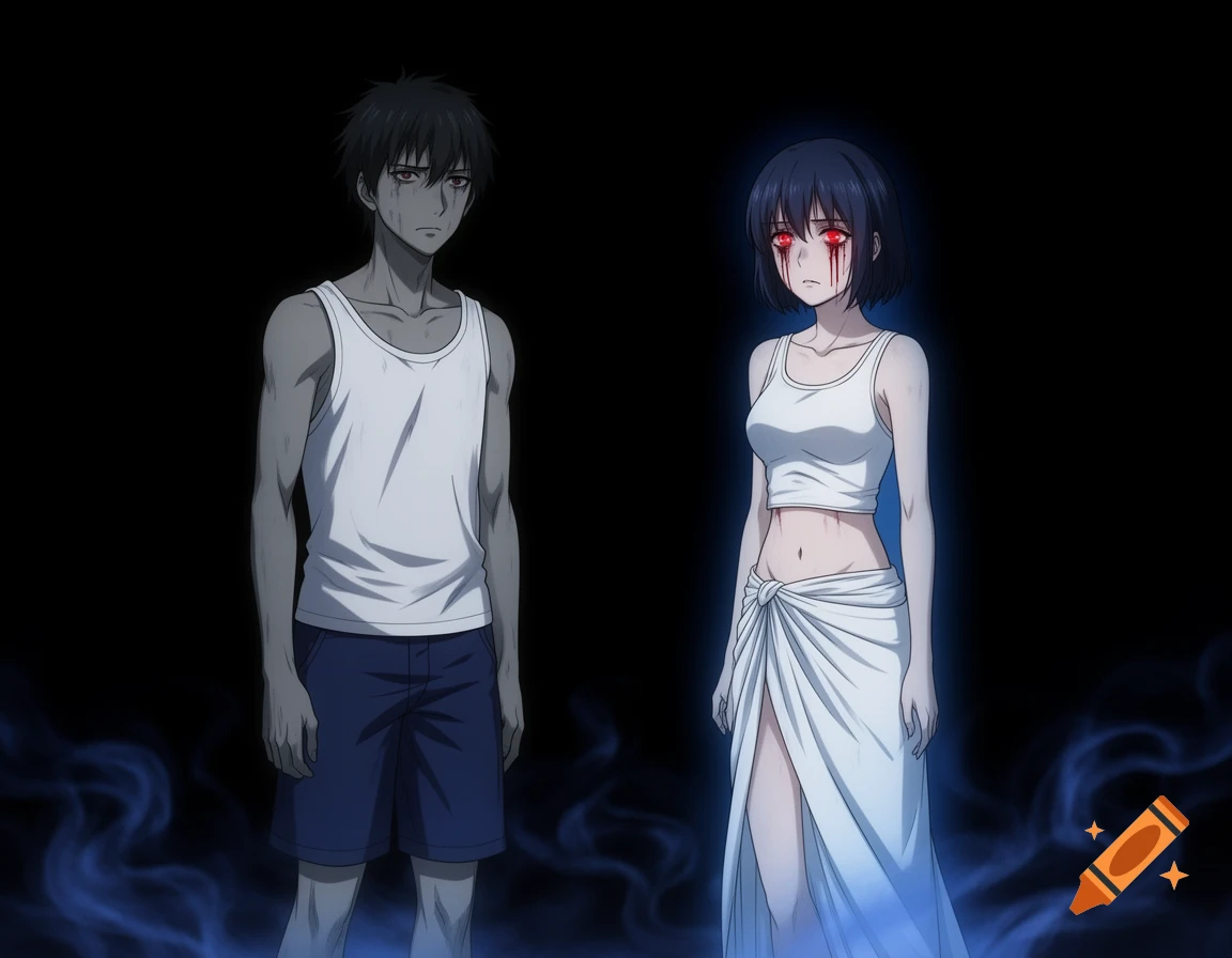 An anime man and a ghost woman with bleeding red eyes, wearing white tops, stand in a dark void with blue smoke.