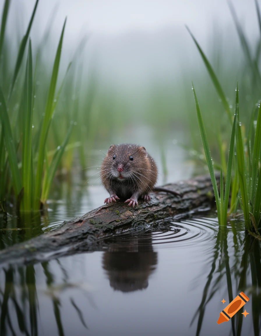 Photorealistic close-up of a wet water vole on a log in misty water, surrounded by green reeds.