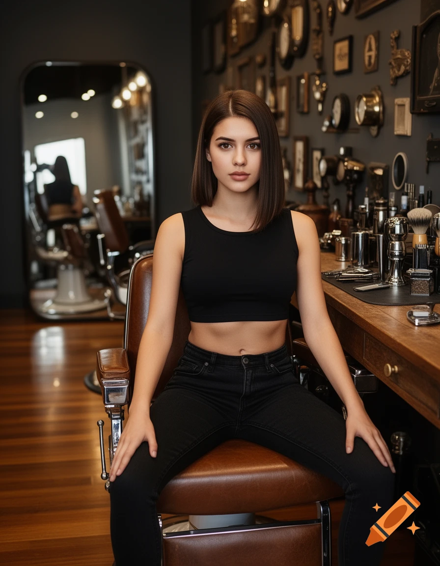 A young woman in a black crop top and jeans sits in a brown barber chair in a photorealistic barber shop.