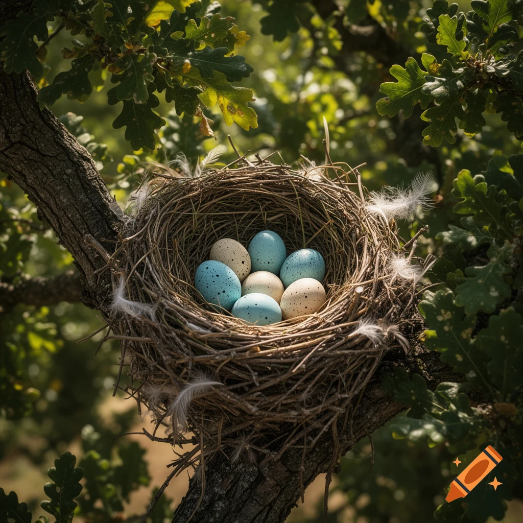 A photorealistic close-up of a bird's nest with speckled blue and beige eggs nestled in a tree, surrounded by green leaves.