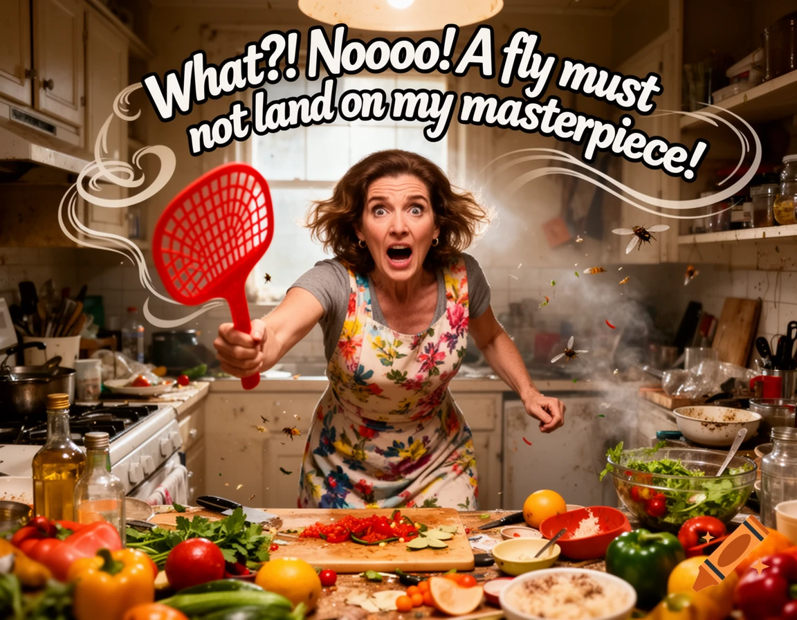 A panicked woman in a messy kitchen swings a red flyswatter at flies, shouting 'What?! Noooo! A fly must not land on my masterpiece!'