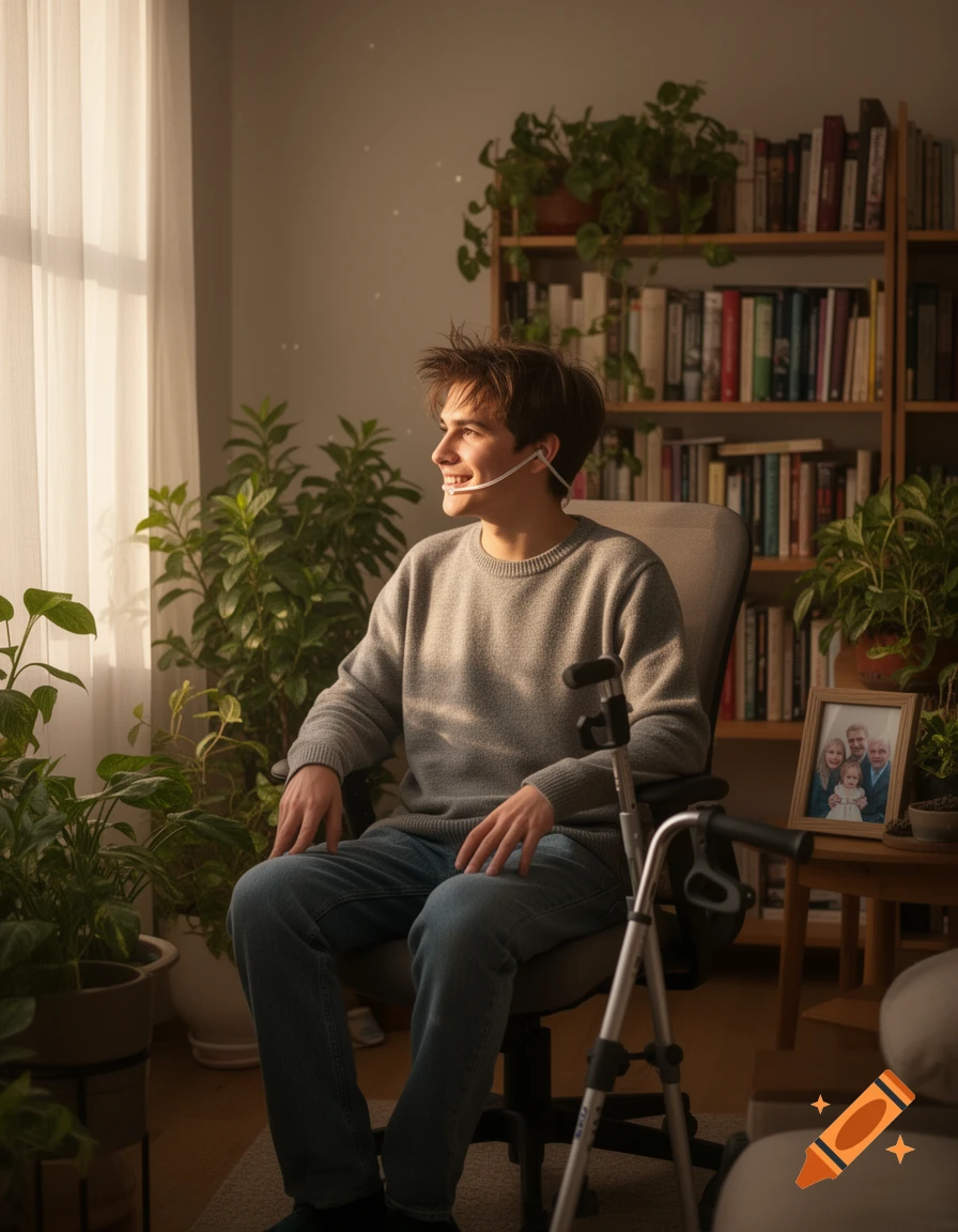 A young man with a nasal cannula sits in a chair, smiling while looking out a sunny window in a room with plants and a bookshelf, a walker nearby.
