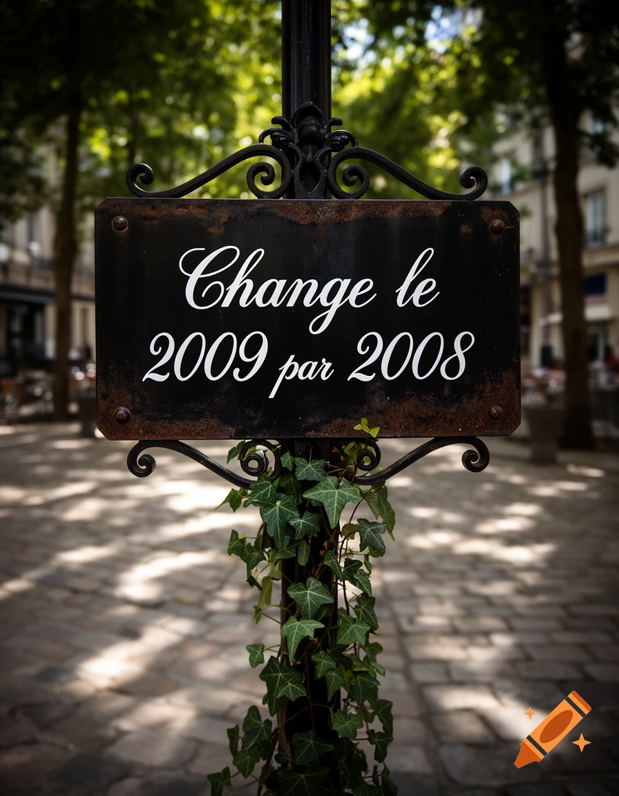 Close-up of a weathered black street sign on a pole with white text 'Change le 2009 par 2008'. Ivy wraps around the pole in a photorealistic urban setting.