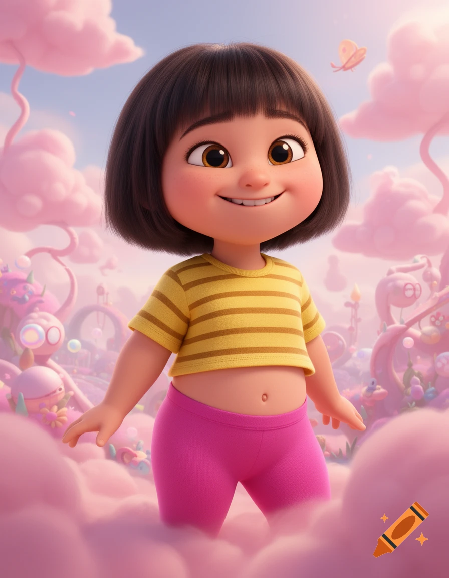 A cute 3D animated cartoon girl with short brown hair, wearing a yellow striped crop top and pink leggings, smiles brightly in a whimsical pink cloud landscape.