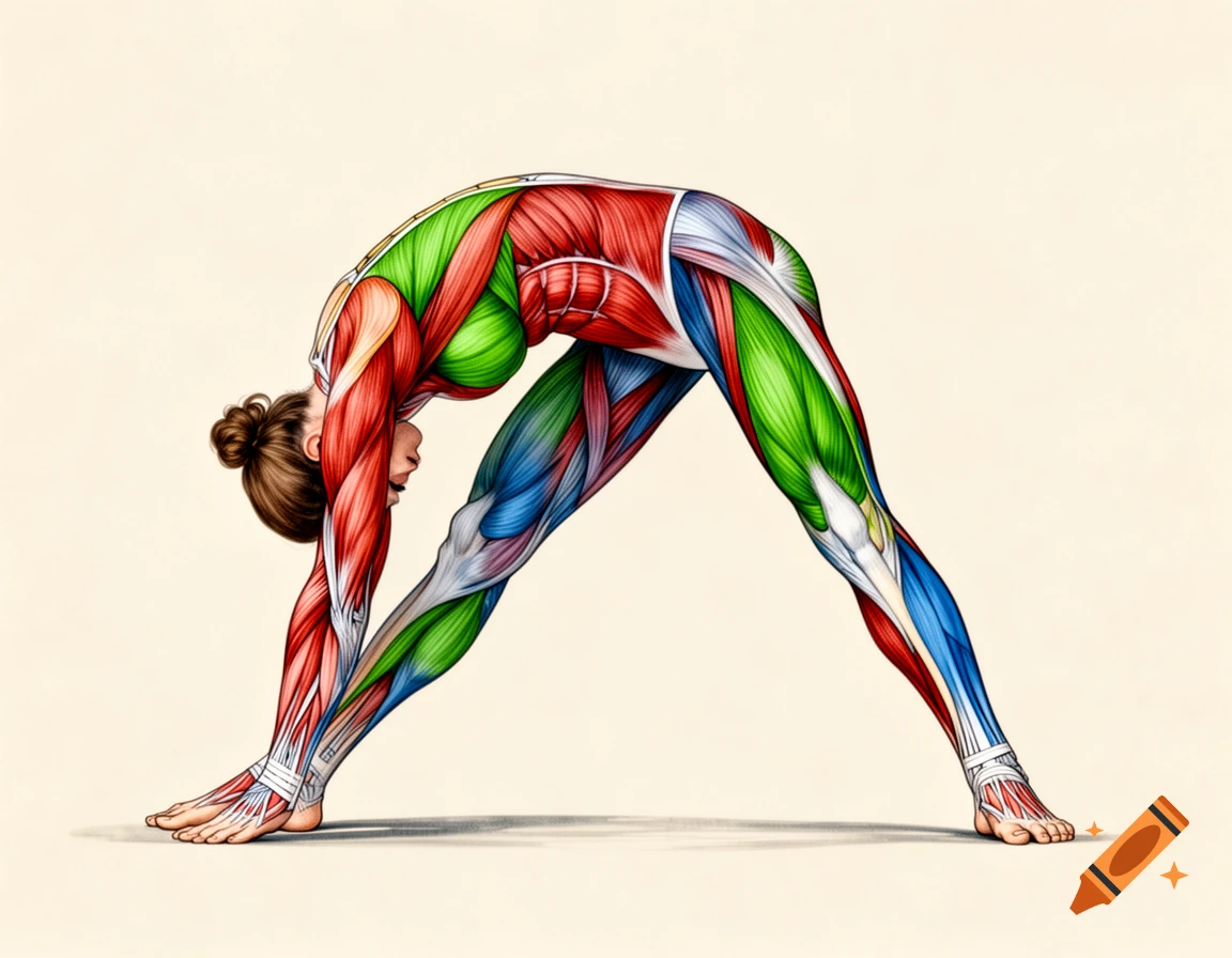 Anatomical illustration of a woman in a wide-legged forward bend yoga pose, with muscles colored red, green, and blue.