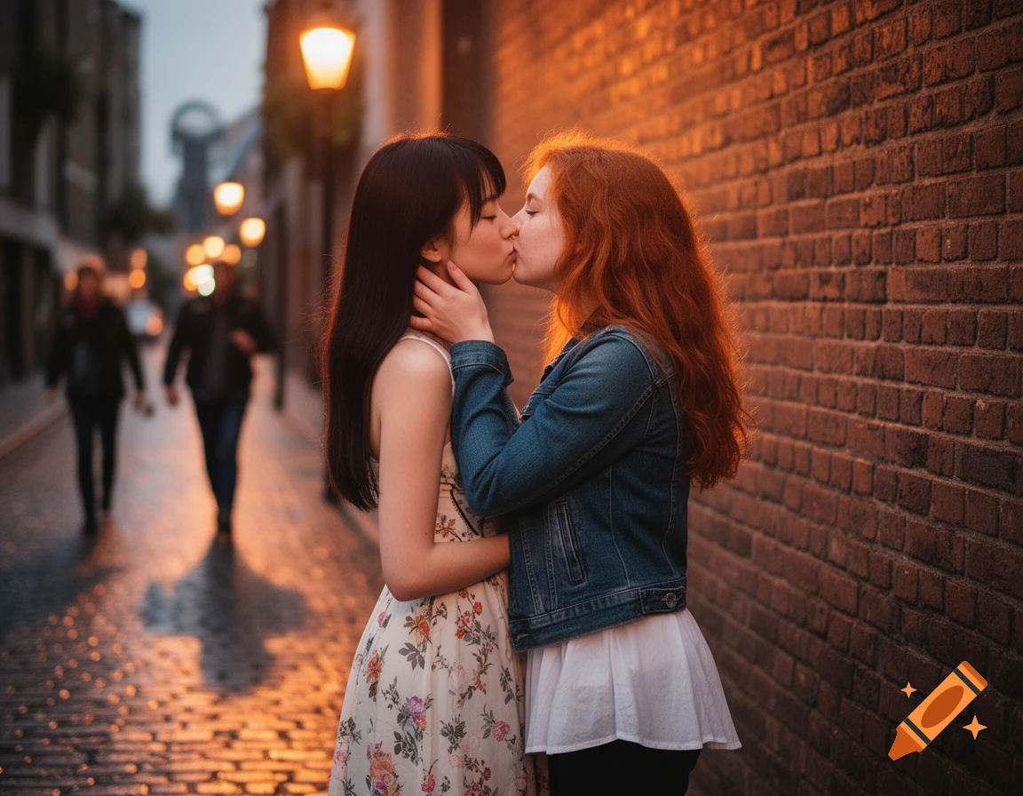 Two women kiss passionately on a cobblestone street at dusk, illuminated by warm streetlights and the golden glow reflecting off a brick wall.