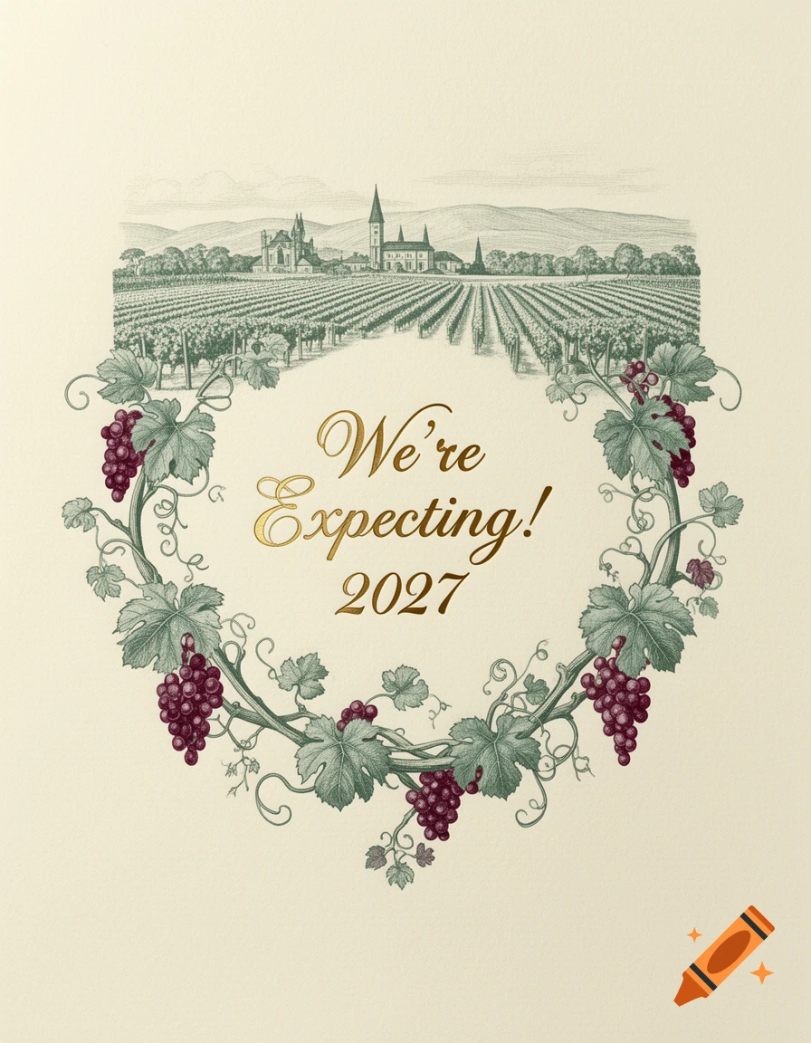Vintage illustration of a vineyard with a town in the background, framed by a grape vine wreath. Gold text reads 'We're Expecting! 2027'.