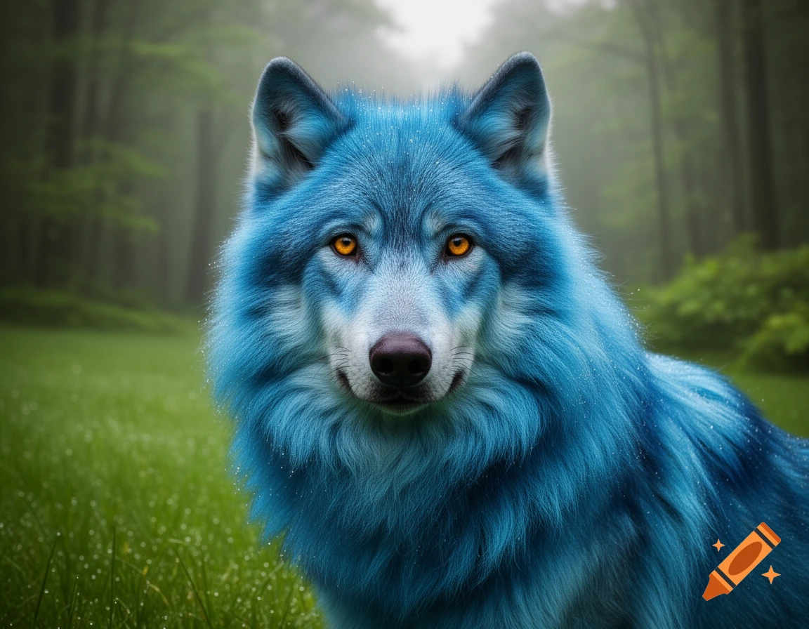 A close-up, photorealistic portrait of a bright blue wolf with striking orange eyes in a misty green forest.