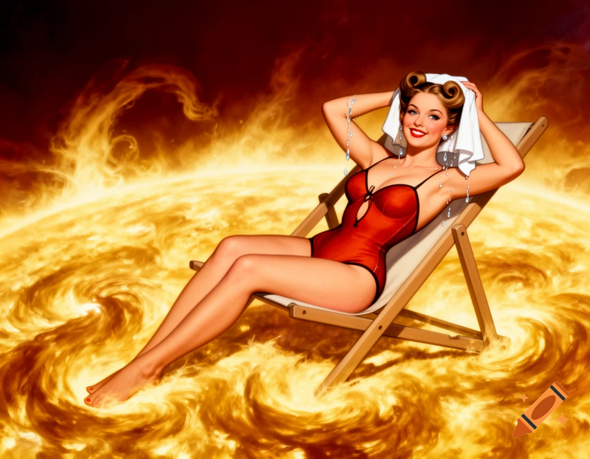 A retro Gil Elvgren-style pinup woman in a red swimsuit lounges in a beach chair on the sun's surface, cooling off.