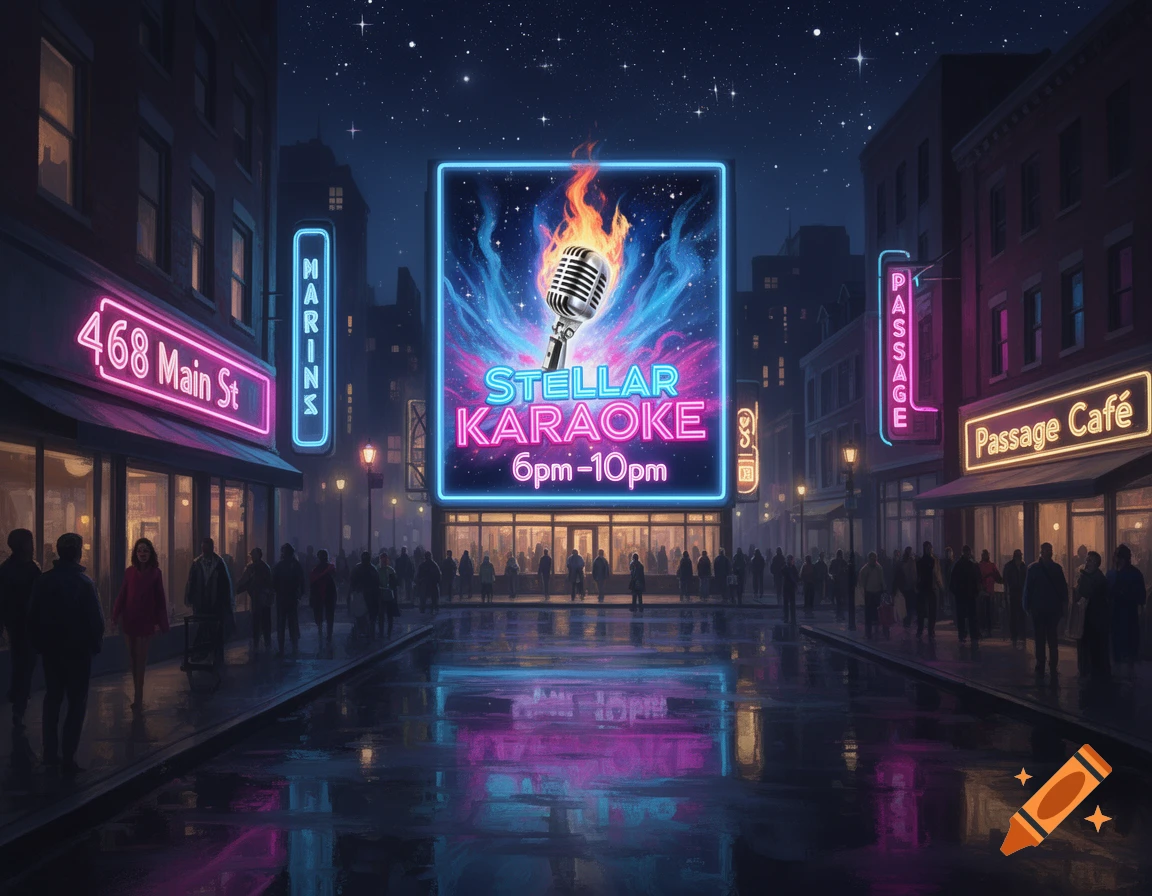 A vibrant night street scene with neon signs for 'Stellar Karaoke' and '468 Main St', reflecting on a wet street with pedestrians under a starry sky.