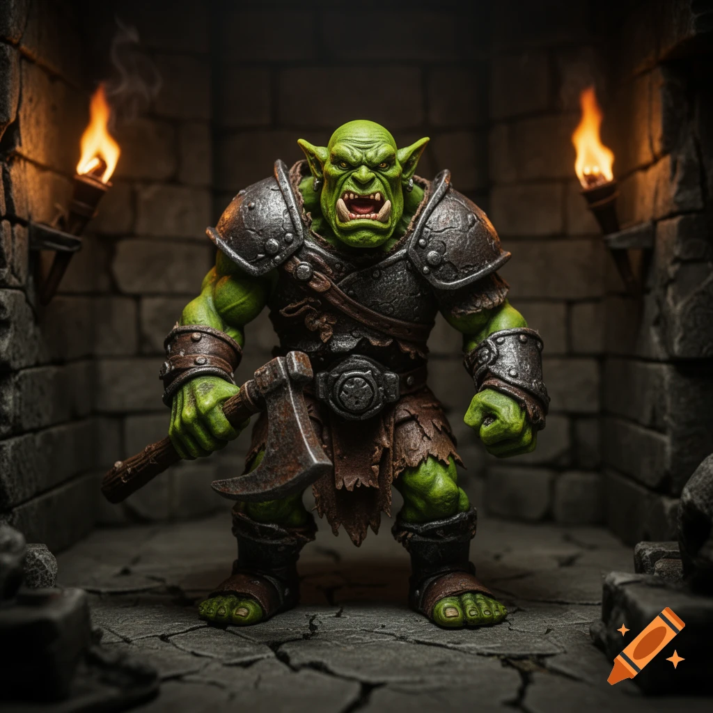 A detailed, photorealistic depiction of a green orc warrior wearing armor and holding an axe in a torchlit stone dungeon.