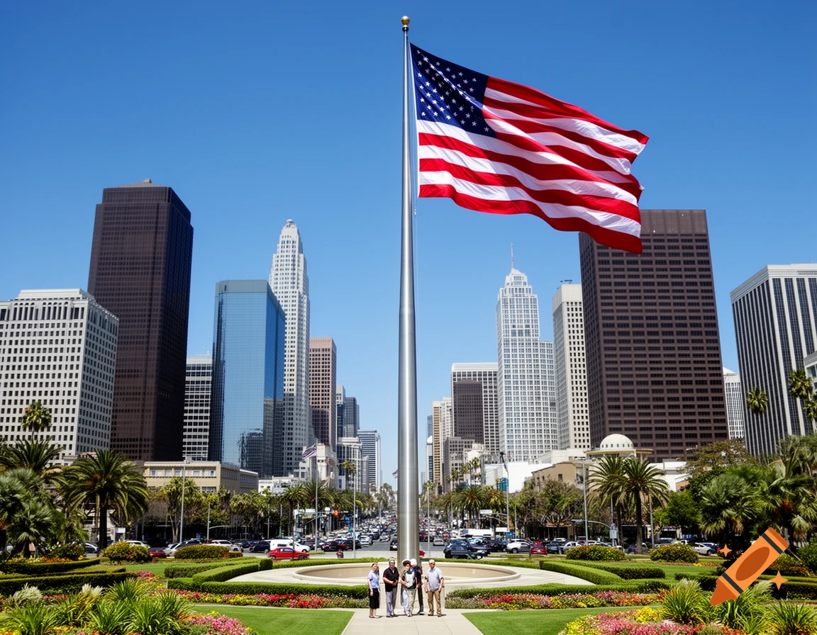 A massive American flag waves atop a very tall flagpole, overlooking a bustling city street lined with skyscrapers and a landscaped park under a clear blue sky.