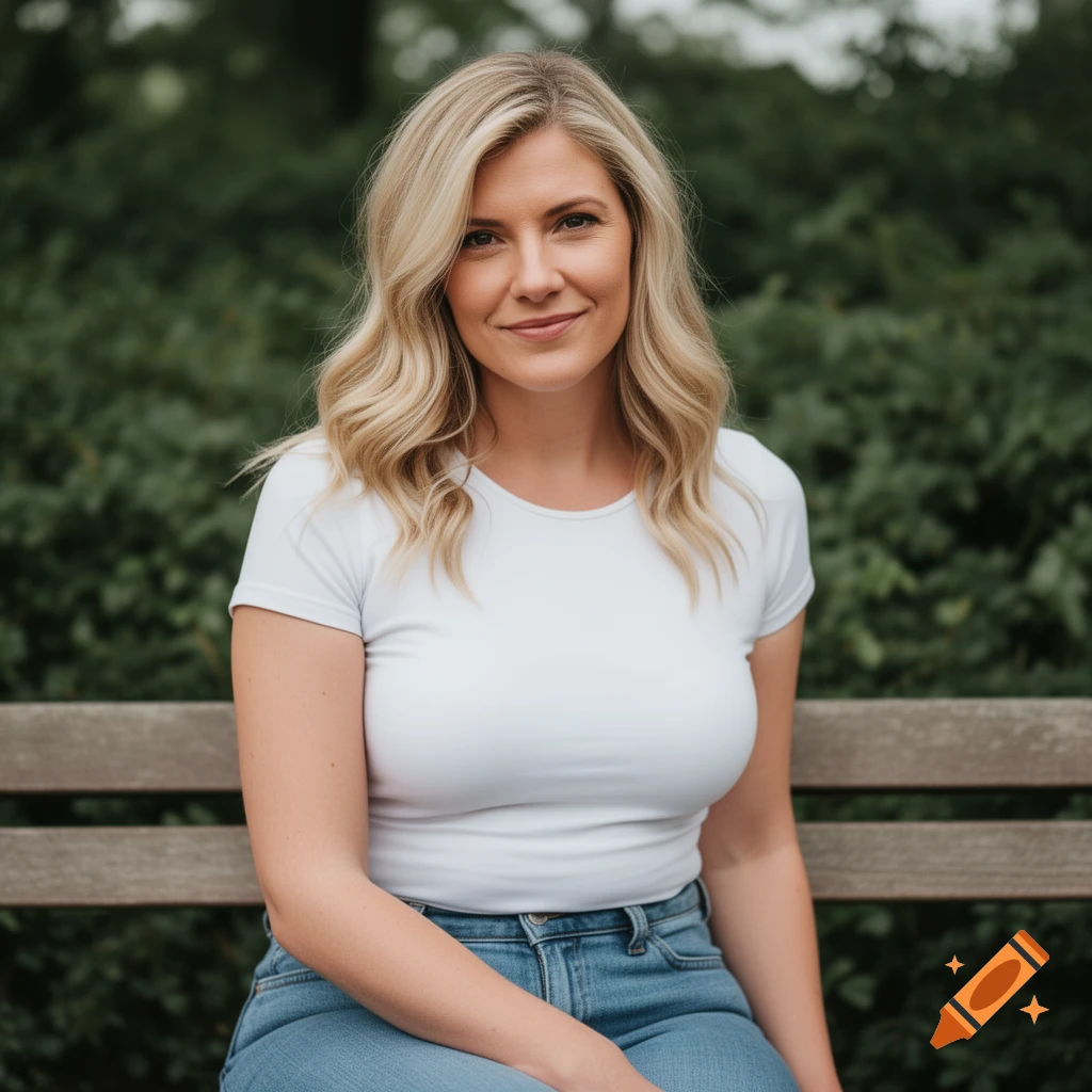 A blonde woman with wavy hair, wearing a white t-shirt and blue jeans, sits on a wooden bench, smiling at the camera.