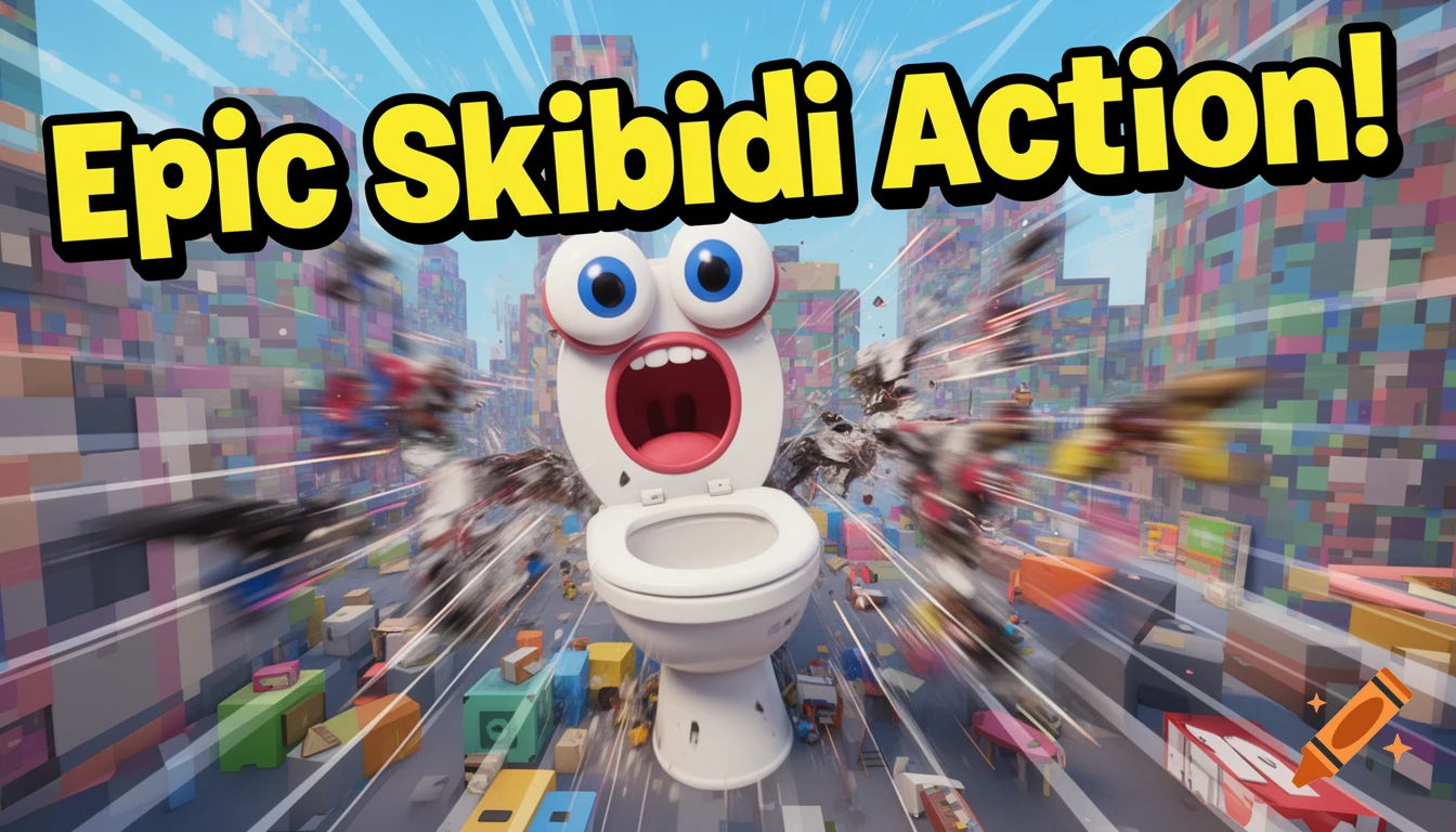 Cartoon Skibidi Toilet character with googly eyes bursts through a pixelated city, with 'Epic Skibidi Action!' text.