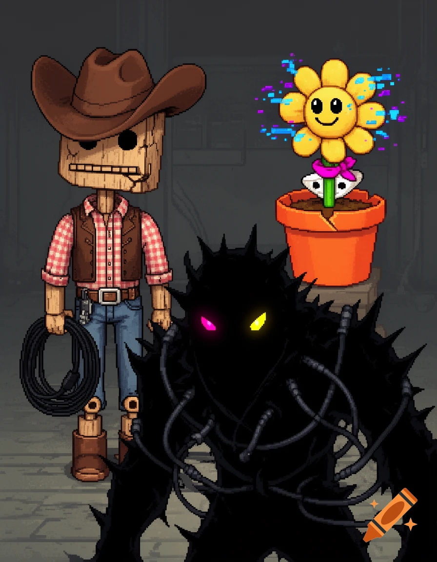 Three pixel art characters: a wooden cowboy doll, a yellow flower in a pot with glitching eyes, and a shadowy monster with glowing pink and yellow eyes.