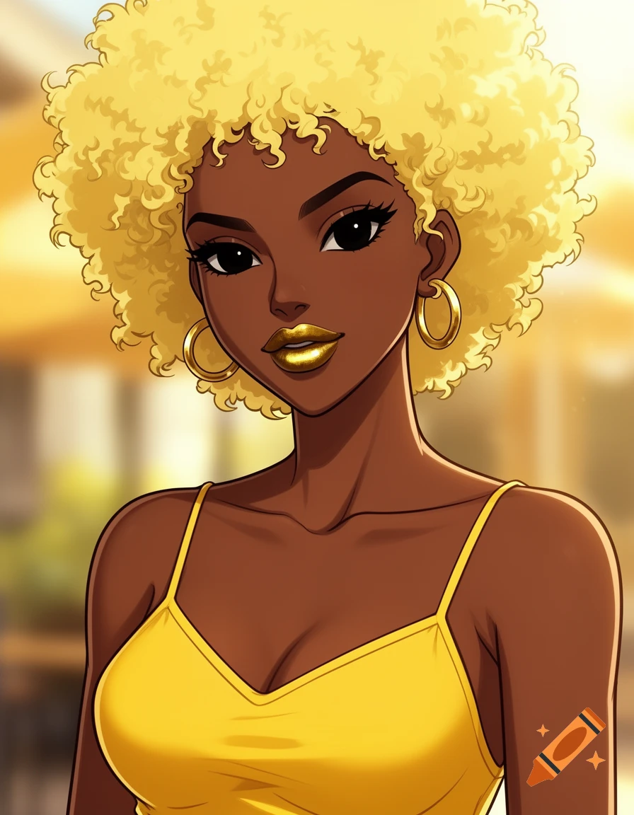 Anime portrait of a dark-skinned woman with a blonde afro, gold lipstick, gold hoops, and a yellow spaghetti strap top.