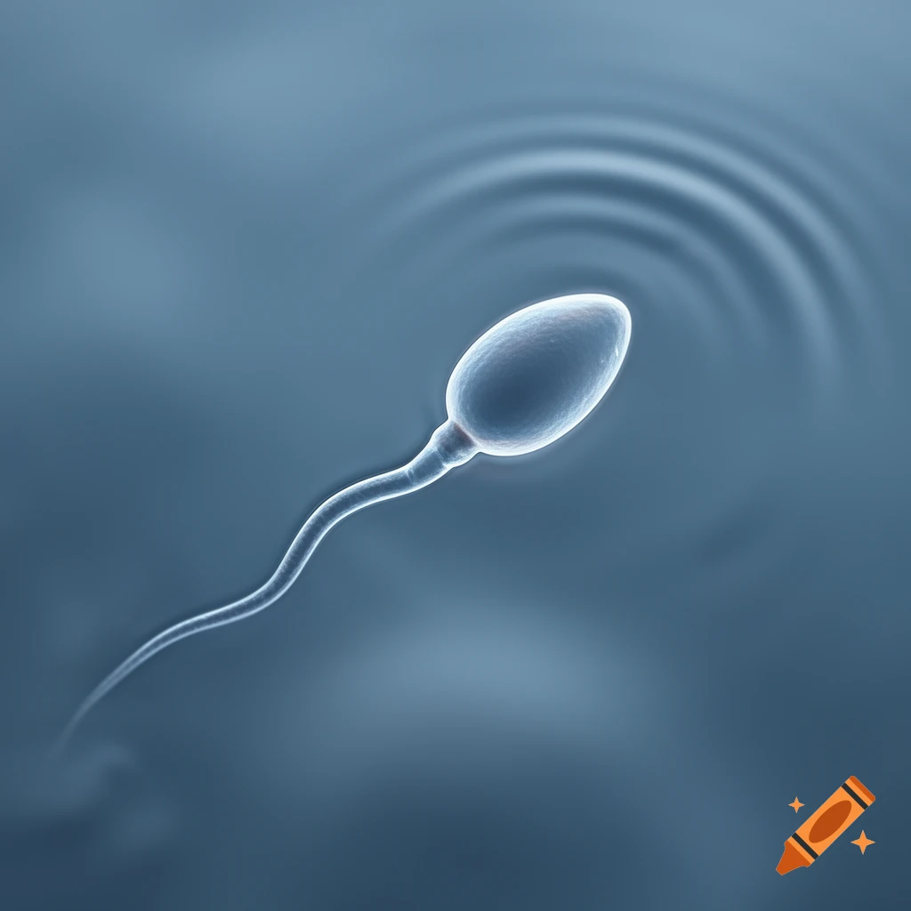 A translucent sperm cell with a long tail swims in a blue liquid, creating small ripples on the surface in a photorealistic style.