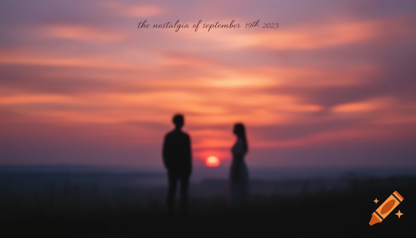A blurred image of two people silhouetted against a vibrant red and purple sunset, with text at the top.