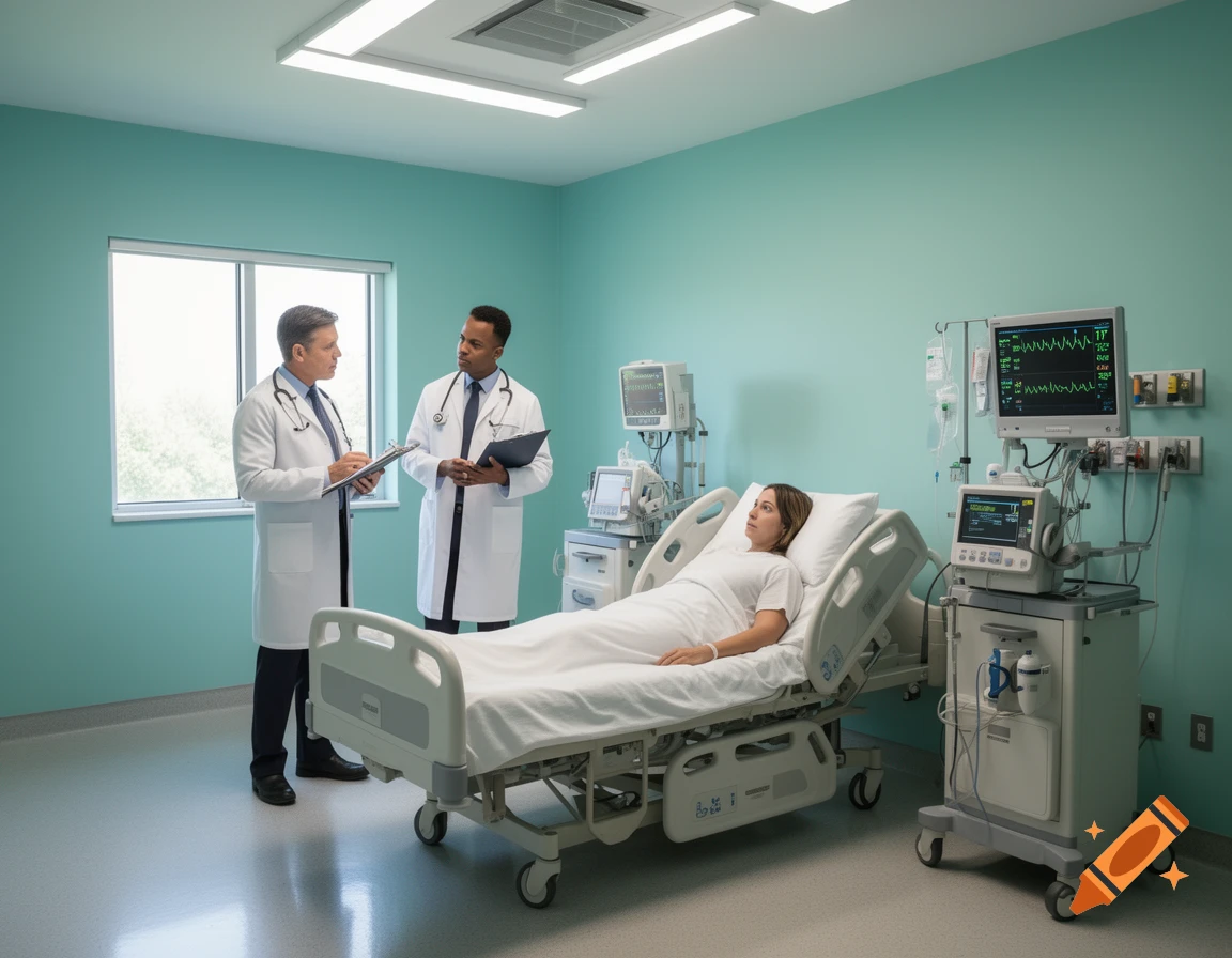 Two male doctors in lab coats converse beside a patient lying in a hospital bed in a bright, modern room.