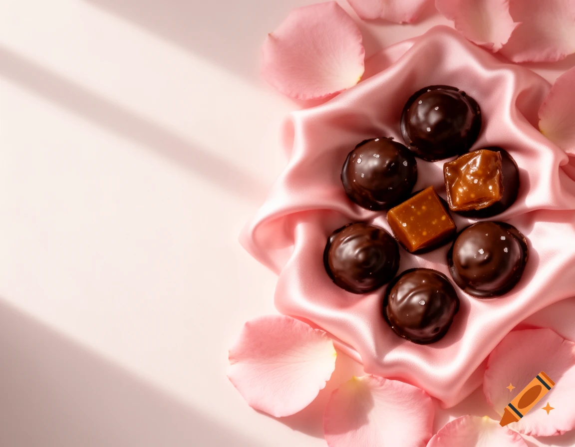Flat lay of chocolate-covered salted caramels and square caramels on pink silk fabric and rose petals, with soft lighting.