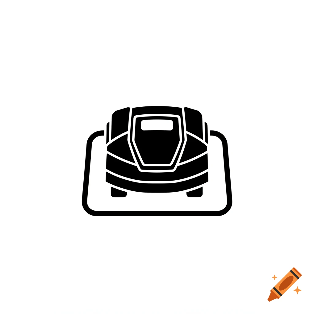 Black and white icon of a robotic lawnmower in its charging station.