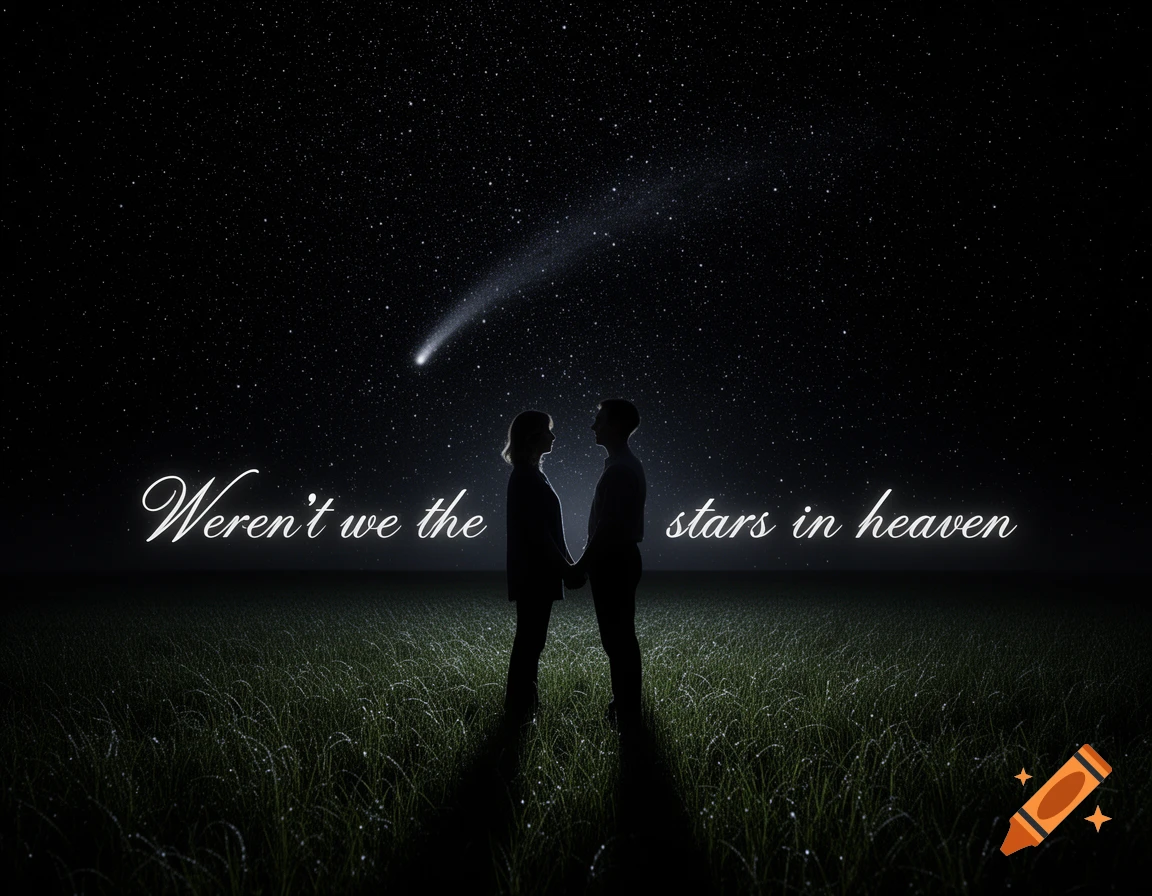 Silhouettes of a couple holding hands in a field under a starry night sky with a comet, text reads 'Weren't we the stars in heaven'.