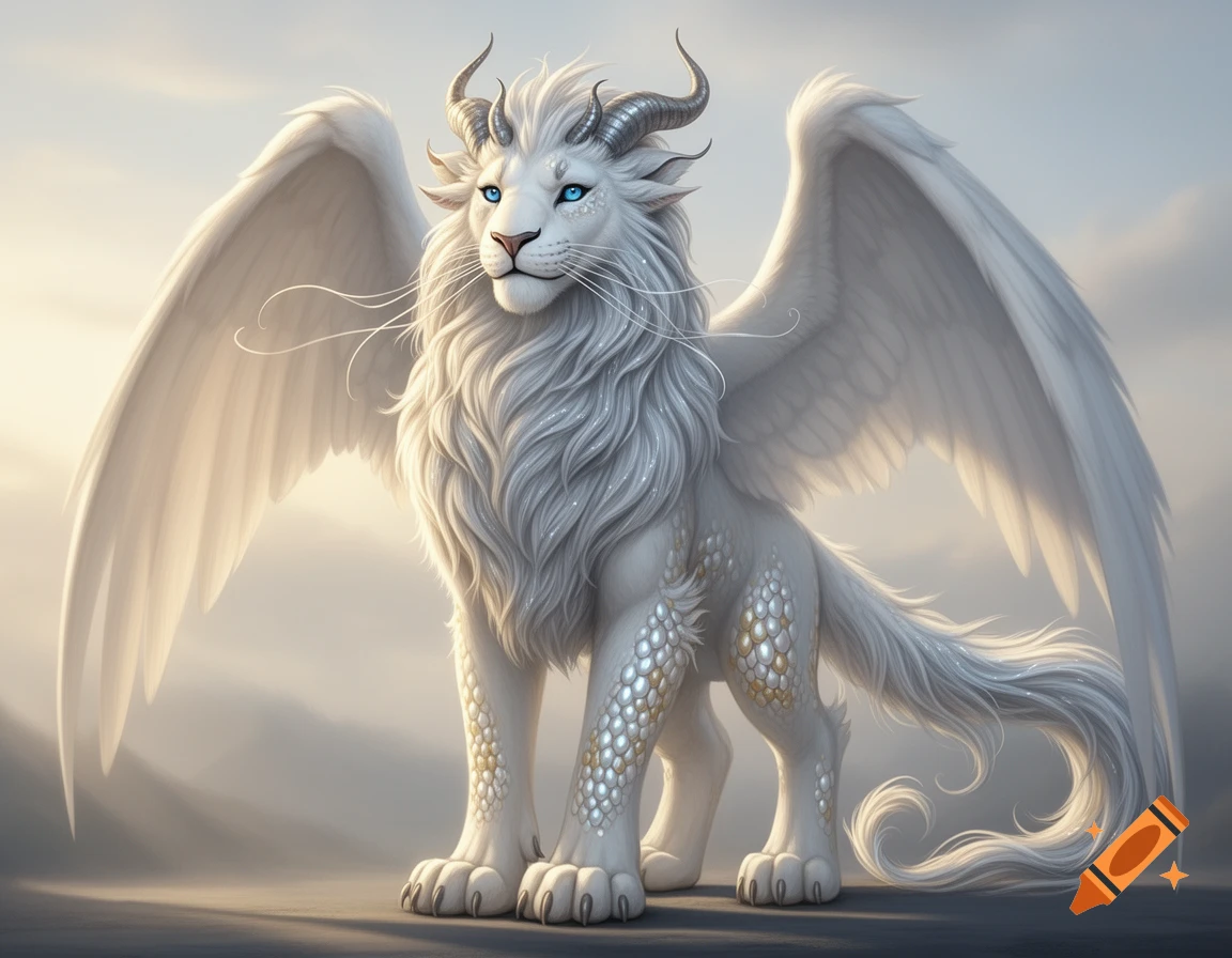 A majestic white winged lion-dragon creature with blue eyes, horns, and pearl-like scales, standing against a cloudy sky.