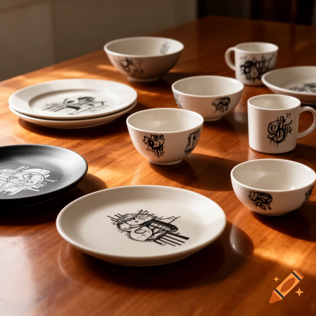 A collection of white and black dinnerware featuring abstract, graffiti-style black designs, arranged on a polished wooden table.