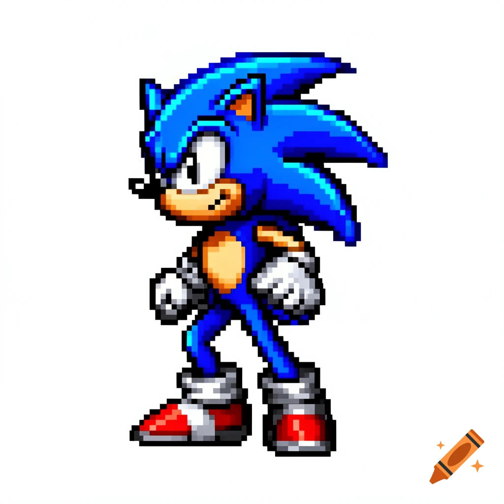 Full-body pixel art sprite of Sonic the Hedgehog standing against a white background, in a Sega Genesis video game style.