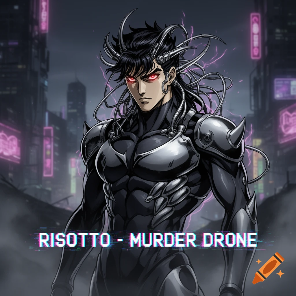 Anime-style character with dark hair, glowing red eyes, and cybernetic implants in a black and silver suit, standing in a neon-lit cyberpunk city.