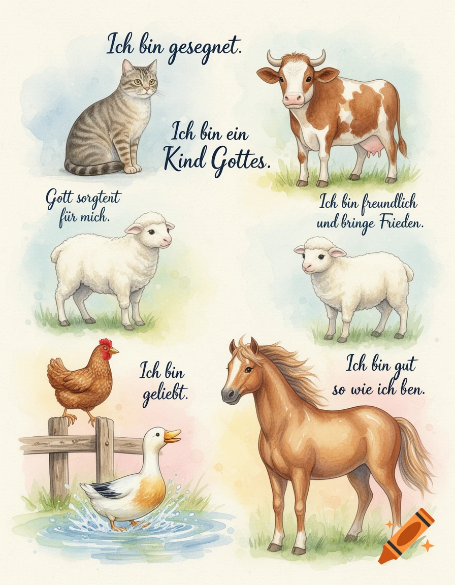 Watercolor children's poster with a cat, cow, sheep, chicken, duck, and horse, each accompanied by a German affirmation.