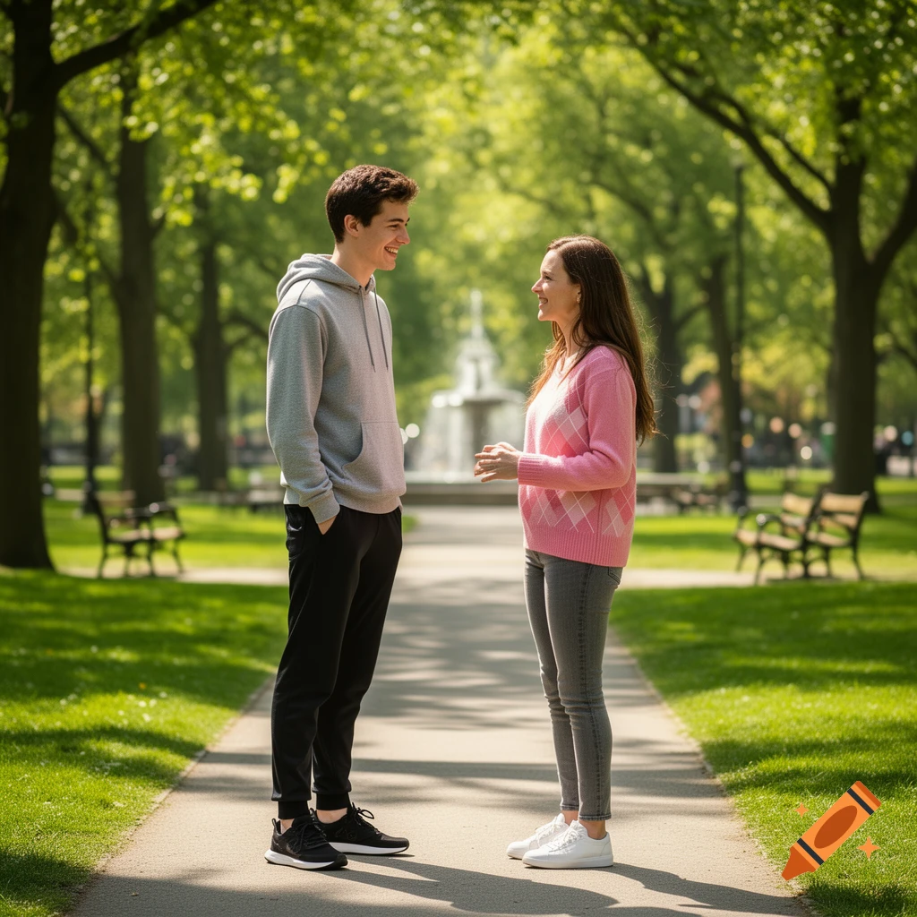 A man and a woman smiling and talking on a path in a sunny park with green trees and a fountain.