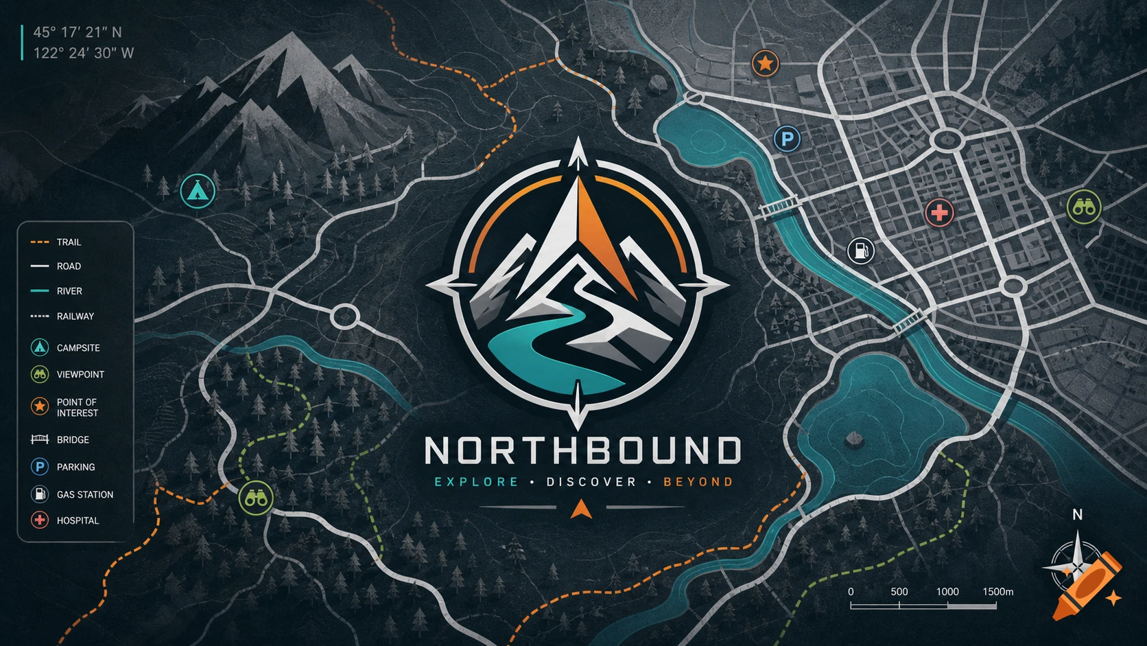 A detailed map with a central logo featuring mountains and a river, depicting an urban area, a park, and winding outdoor trails with a legend and scale.