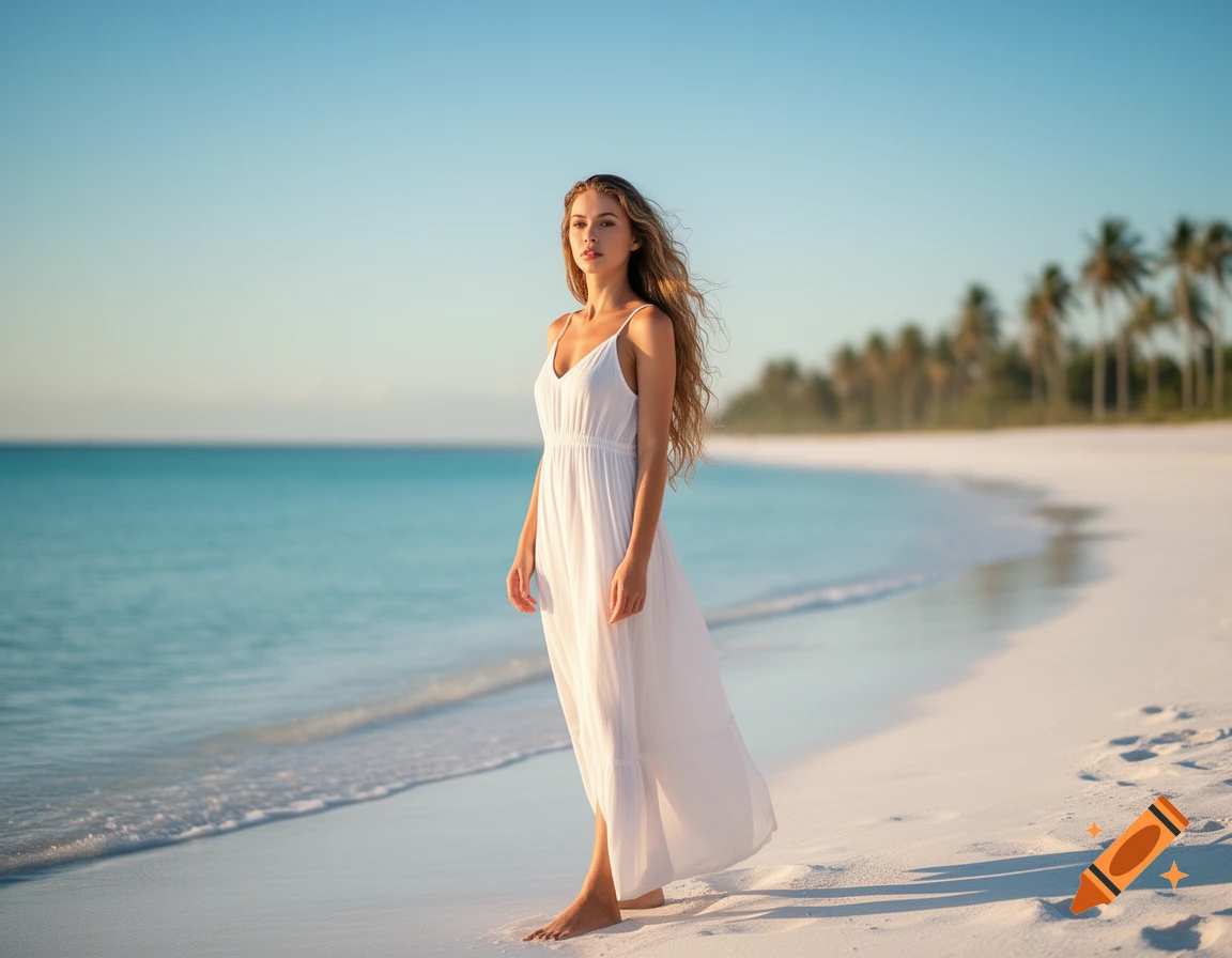 A woman in a white dress stands barefoot on a white sand beach with turquoise water and palm trees in the background.