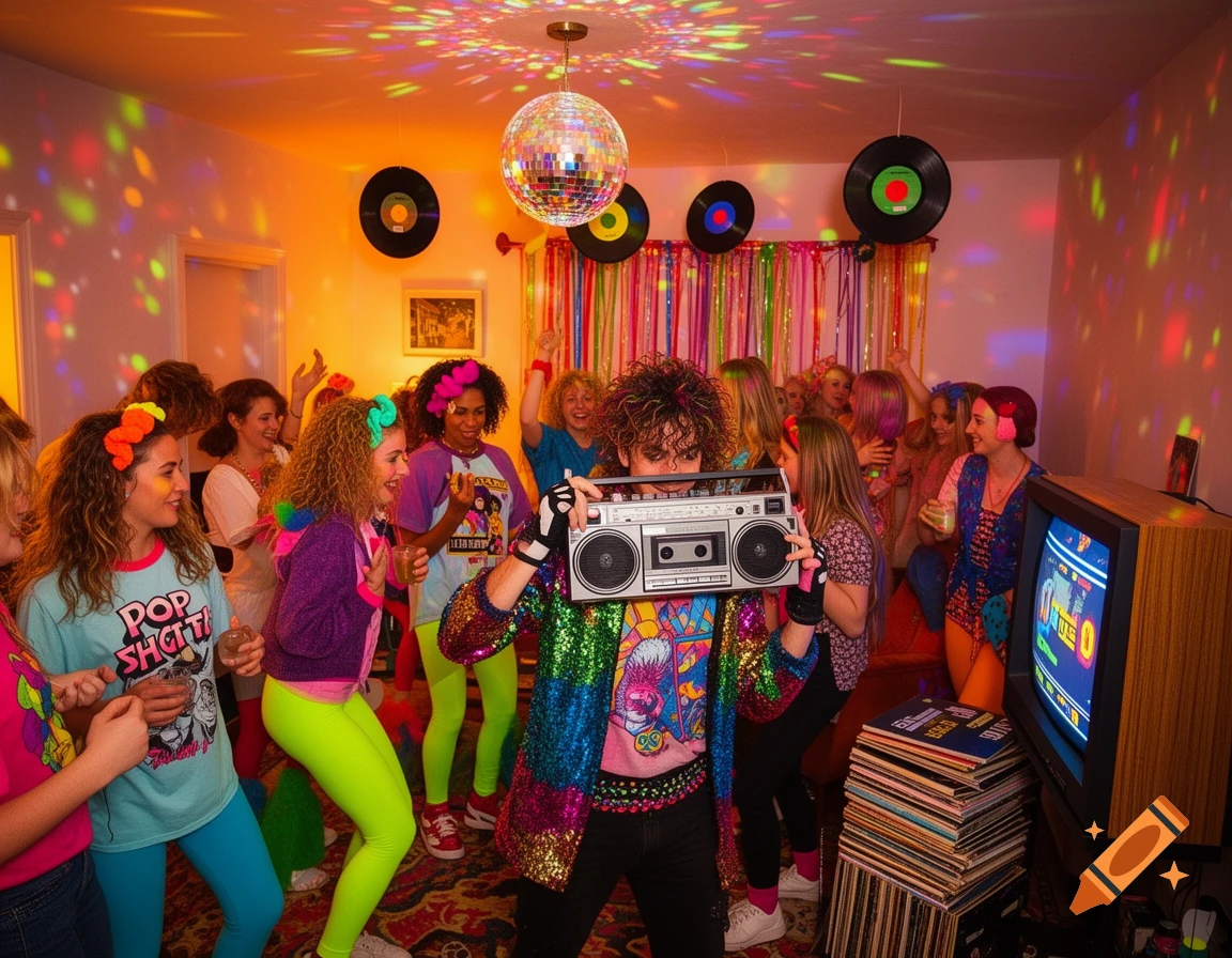 A lively 80s-themed party with a diverse group of people dancing under a disco ball. A person in a sequined jacket holds a boombox, while others wear neon clothing and scrunchies. Records decorate the wall, and a vintage TV sits in the corner.