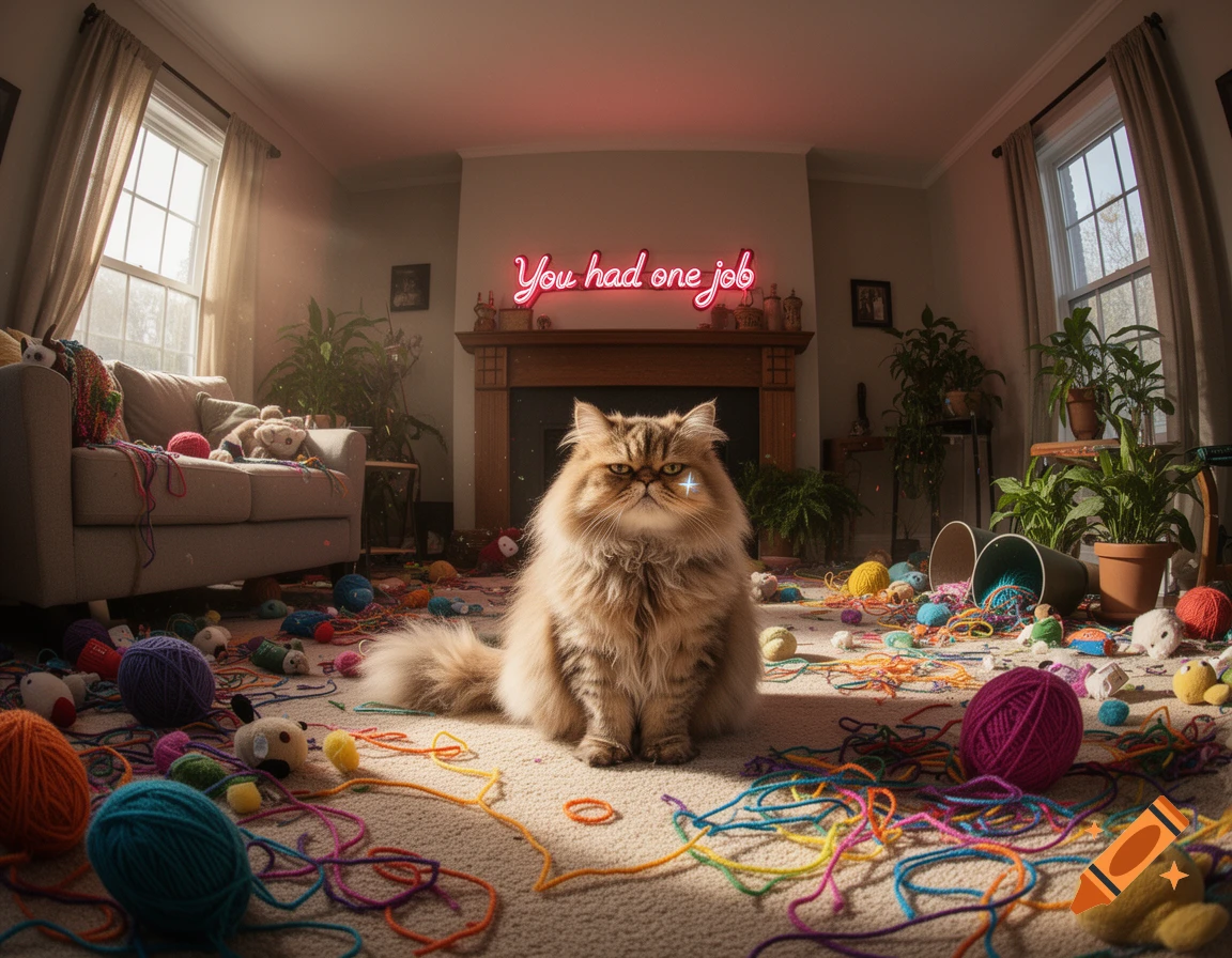 A fluffy cat sits amidst a messy living room filled with yarn and toys, under a neon sign reading 'You had one job.'