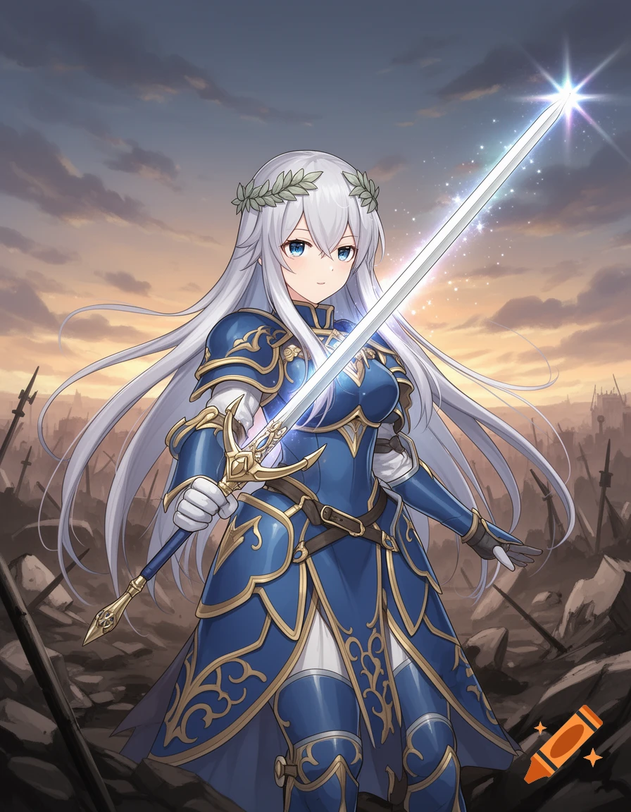 A female anime knight with long white hair and a laurel wreath stands in blue and gold armor, holding a glowing sword against a battle-scarred landscape at sunset.
