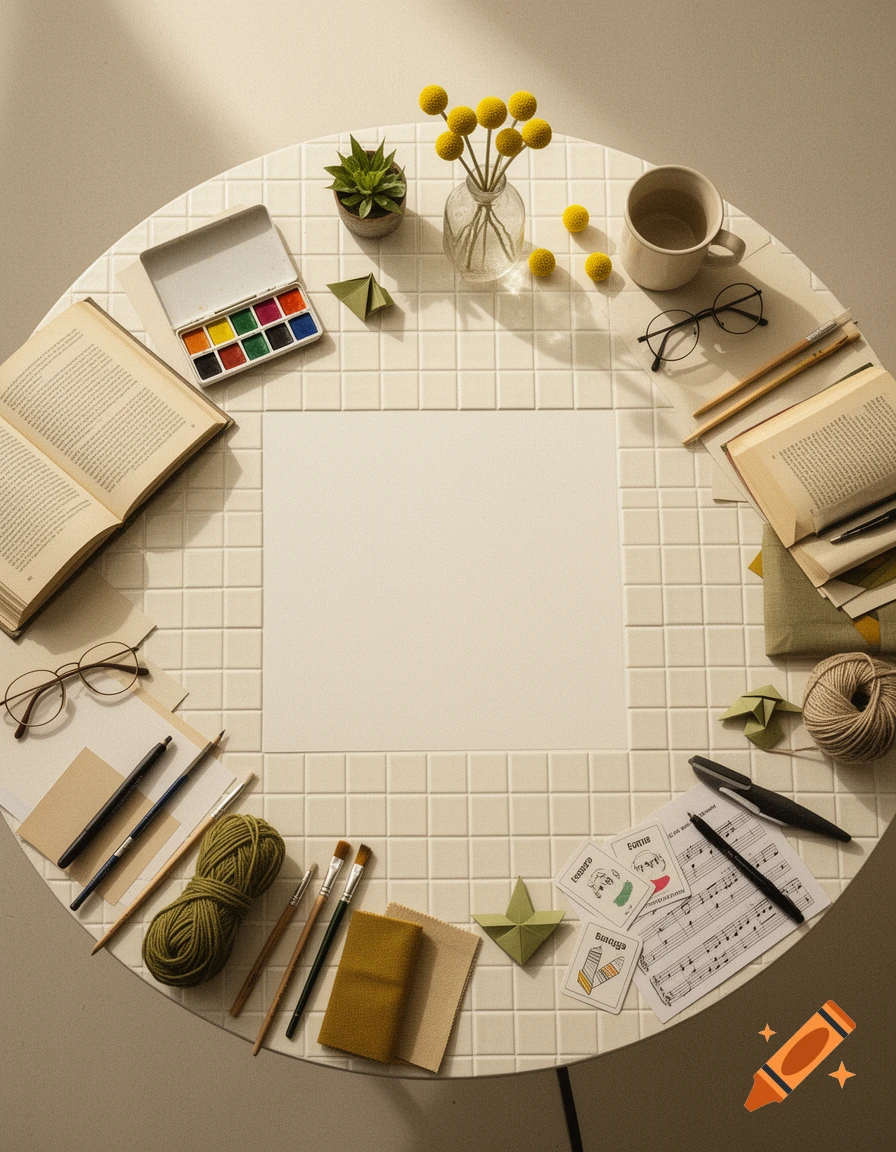 Overhead flat lay of a round table with craft and study items like open books, paint, yarn, and yellow flowers.