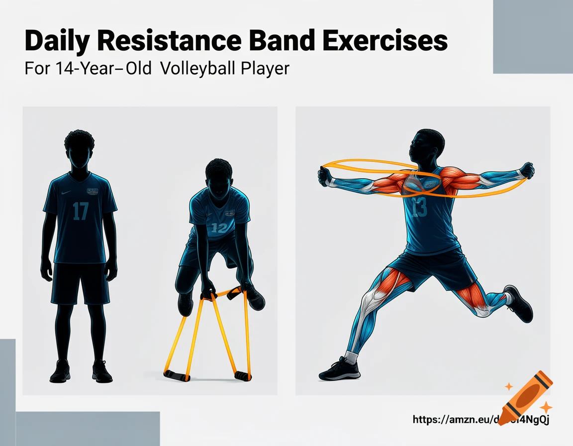 Illustrated poster of a male volleyball player performing daily resistance band exercises, highlighting muscles worked.