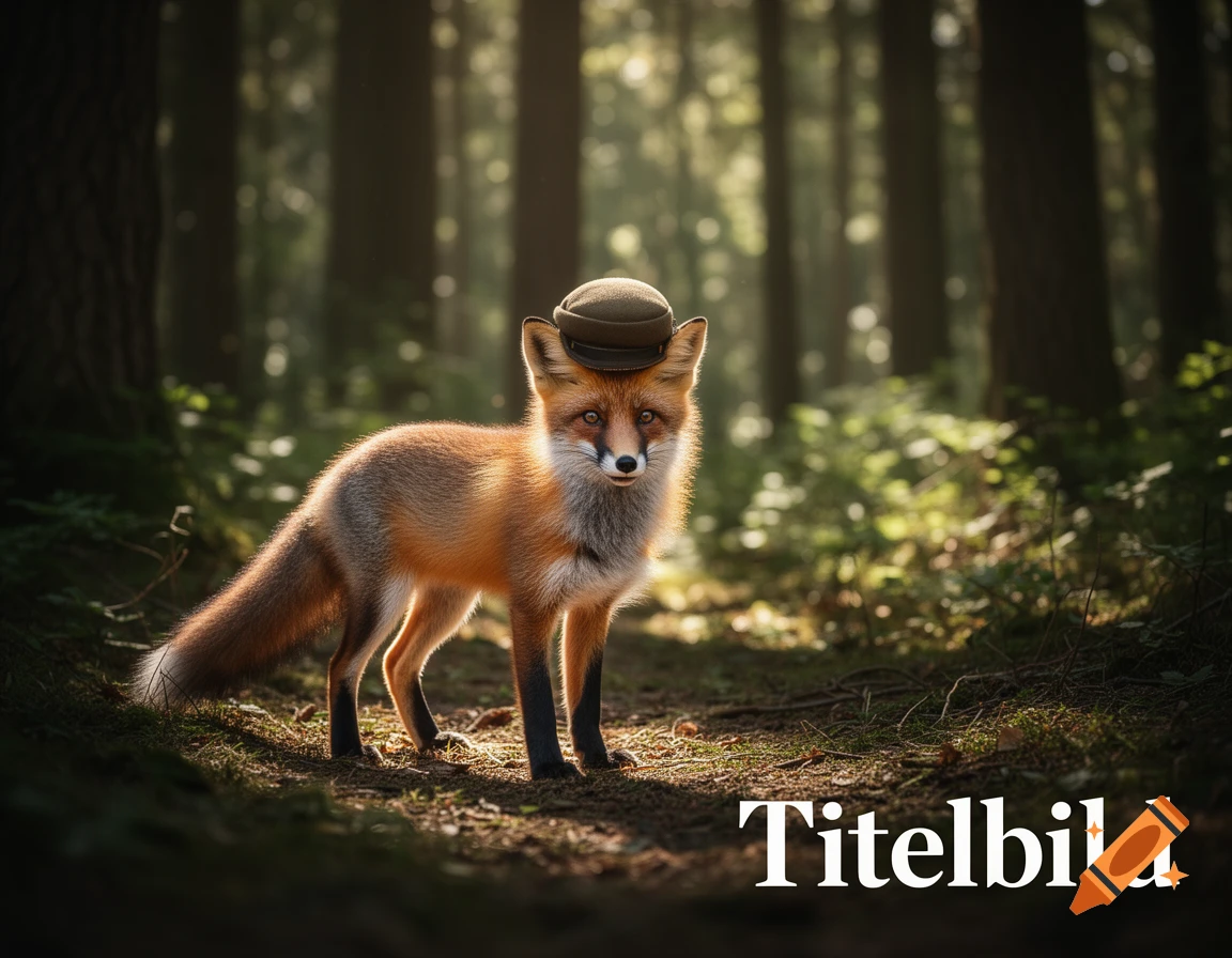 A photorealistic fox wearing a small cap stands in a sun-dappled forest, with the word 'Titelbild' at the bottom right.