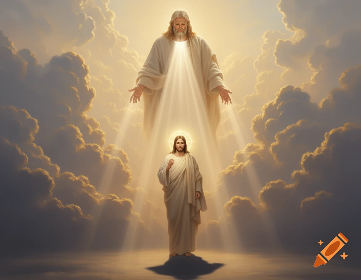 A larger divine figure in the sky shines light down onto a smaller figure standing below, surrounded by golden clouds.