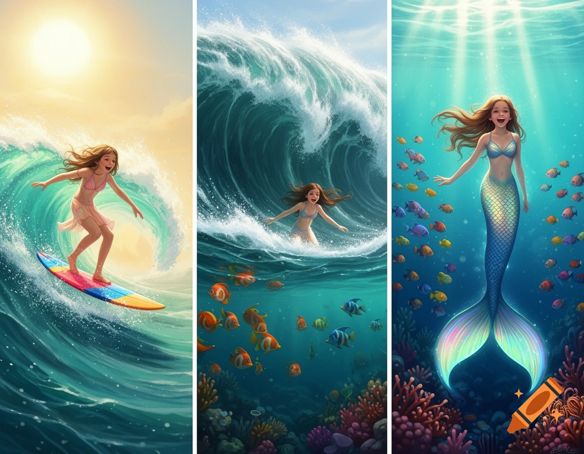 A collage of three fantasy scenes: a girl surfing a wave, swimming in the ocean, and as a mermaid underwater with fish.
