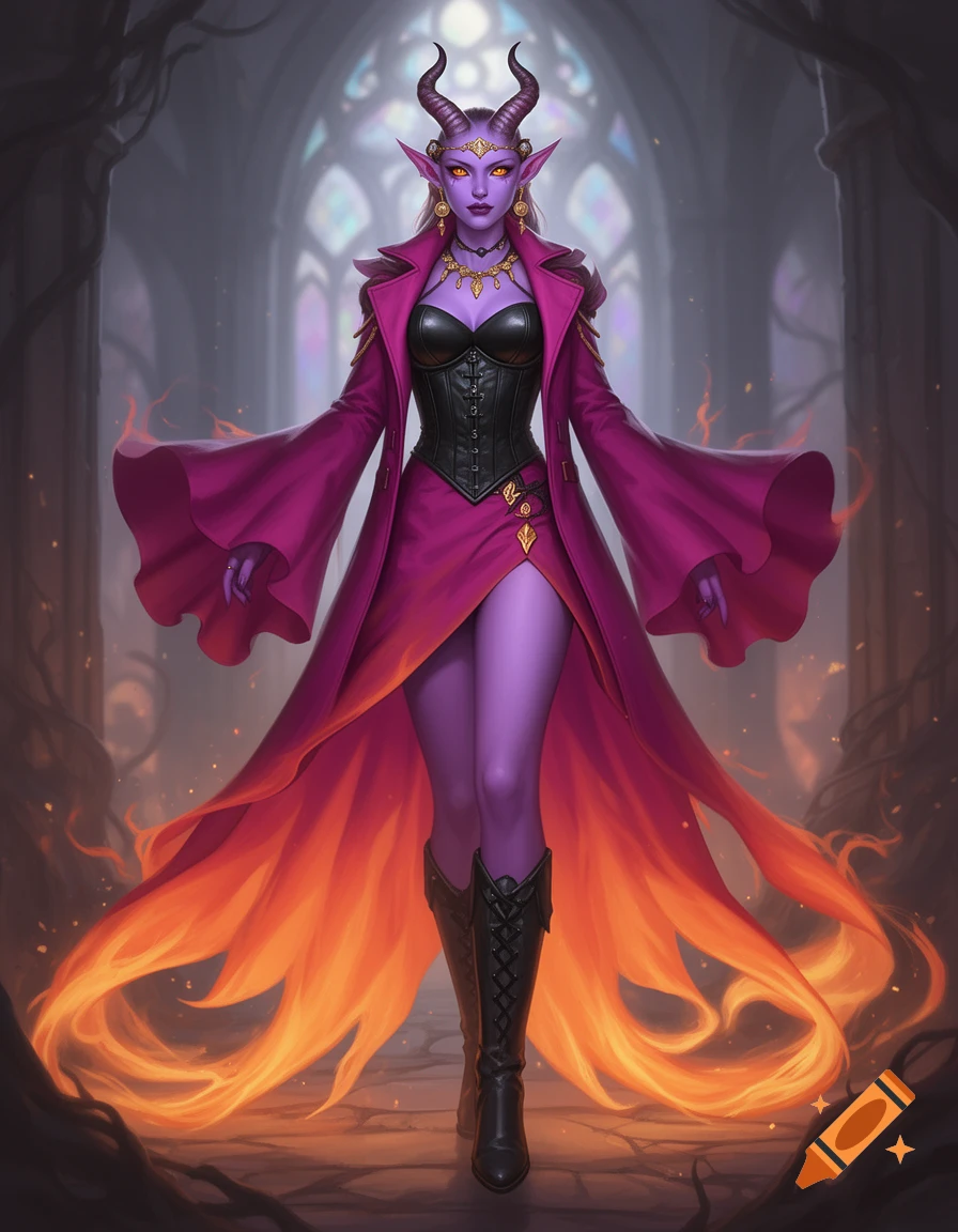 A full-body fantasy concept art of a tiefling elf hybrid woman with lavender skin, amber eyes, horns, and gold jewelry, wearing a black corset, a magenta to orange gradient overcoat, and black boots, standing in a dark, gothic-style hall.