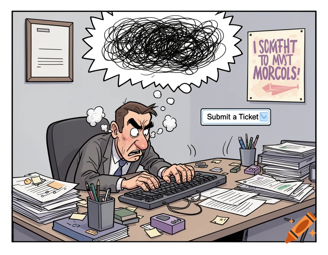 Exaggerated cartoon of a frustrated office worker with red face and steam coming off, typing at a messy desk with a 'Submit a Ticket' box on his screen, and a gibberish poster on the wall.