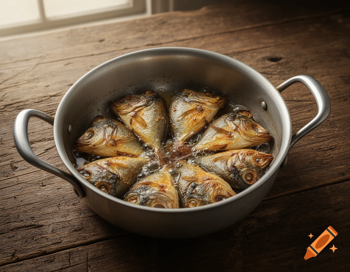 Fried fish heads sizzling in oil in a metal pan on a wooden table.
