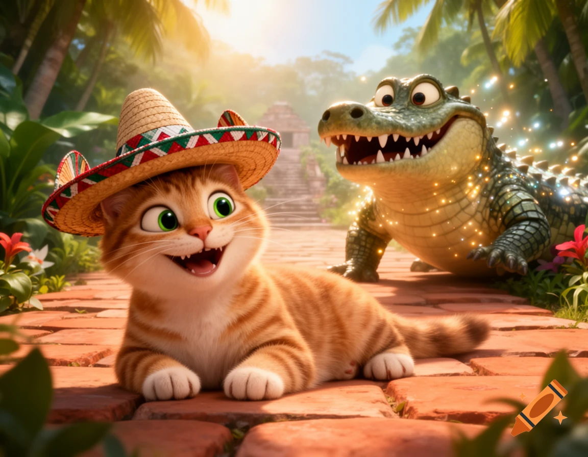 A happy cartoon ginger cat in a sombrero on a brick path, with a grinning, sparkling alligator behind it in a tropical jungle.