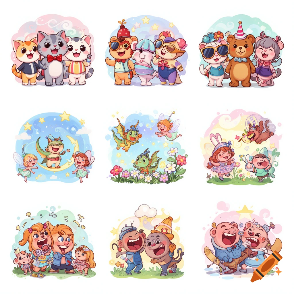 Nine colorful cartoon illustrations depicting cute animals, children, fairies, and dragons in cheerful, whimsical settings.