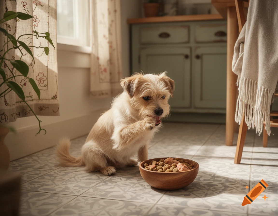 A scruffy, light-colored dog eats kibble from a wooden bowl on patterned floor tiles in a sunlit kitchen.