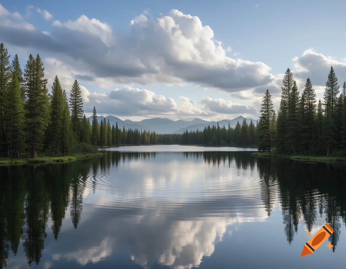 A serene lake reflects tall pine trees and a cloudy blue sky, with distant mountains along the horizon.