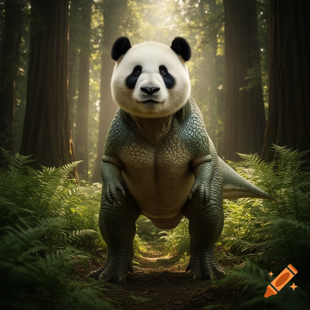 A photorealistic creature with a panda head and T. rex body stands on a sunlit forest path surrounded by ferns and tall trees.